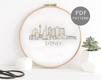 Sydney City Skyline Handborduurpatroon, Urban Australia Design, Eenvoudig DIY-cadeau