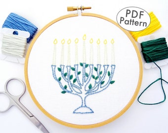 Menorah Hand Embroidery Pattern PDF, Hanukkah Gift & DIY Menorah Design