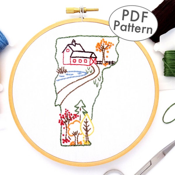 Vermont Hand Embroidery Pattern with Barn & Autumn Trees, PDF Digital Download