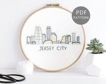 Jersey City Skyline Handborduurpatroon, Stedelijk DIY-ontwerp, New Jersey Cadeau