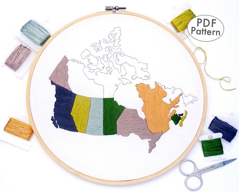 Canada Map Hand Embroidery Pattern PDF Digital Download Travel Tracker Map image 1