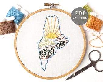 Maine State Hand Embroidery Pattern with Forest, Lake, & Sunset