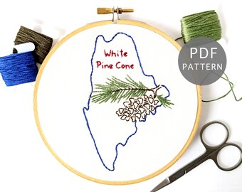 White Pine Cone Hand Embroidery Pattern, Maine Flower Design, State Gift