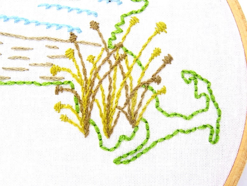Puede incluir: Dise&ntilde;o bordado de una isla verde con un grupo de flores amarillas y marrones en el centro. El dise&ntilde;o est&aacute; cosido en tela blanca.