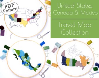 Travel Map Collection Hand Embroidery Pattern, United States, Canada, Mexico PDF Digital Download