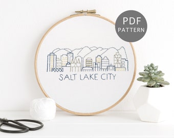 Salt Lake City Borduurpatroon, PDF Skyline Design, Simple Urban Utah Gift of Wall Art