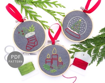 Christmas Stocking, Snow Globe & Candle Embroidery Pattern Set, Holiday Ornament Designs, Digital Download