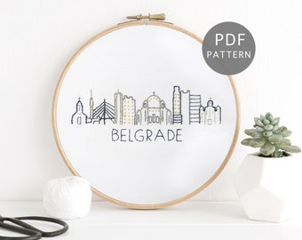 Belgrado Skyline Hand Borduurpatroon, Servië Urban Design, DIY City Gift & Wall Art