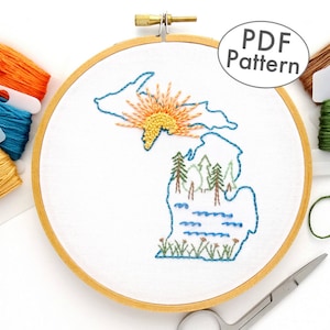 "Michigan Handstickmuster PDF mit Wald und Sonnenuntergang, State DIY Wall Design"