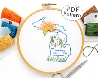Patrón de bordado a mano de Michigan PDF con bosque y puesta de sol, diseño de pared de bricolaje estatal