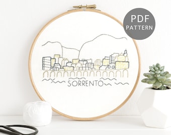 Sorrento Italy Hand Embroidery Pattern, Italian Coast Design, Simple DIY Wall Art