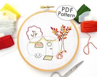 Vintage Trailer Hand Embroidery Pattern with Autumn Decor & Fall Leaves