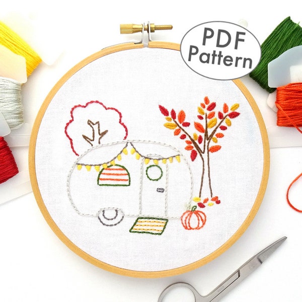 Vintage Trailer Hand Embroidery Pattern with Autumn Decor & Fall Leaves