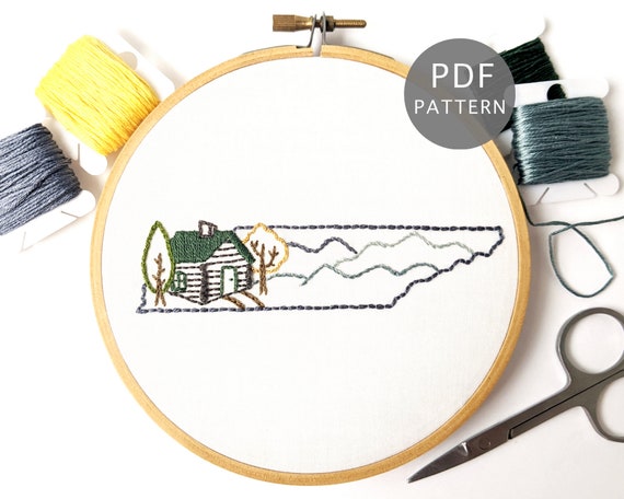 Tennessee Cabin Hand Embroidery Pattern, Smoky Mountains Simple Design