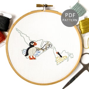 Newfoundland & Labrador Hand Embroidery Pattern with Puffins, Canada Province Design