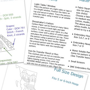 May include: A black and white line drawing of a vineyard with instructions for embroidery. The instructions include the materials needed, the size of the embroidery hoop, and the size of the needle. The text also includes the colors and stitches to use for the embroidery.