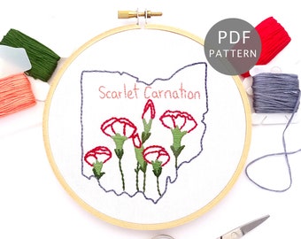 Carnation Flower Hand Embroidery Pattern, Ohio Gift PDF Download