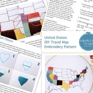 K&ouml;nnte beinhalten: Ein DIY-Stickmuster f&uuml;r eine Reisekarte der Vereinigten Staaten. Das Muster enth&auml;lt eine farbige Karte der Vereinigten Staaten mit schwarzen Umrissen der Bundesstaaten. Das Muster stammt von Wandering Threads Embroidery.