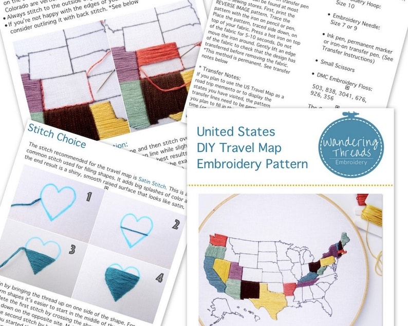 K&ouml;nnte beinhalten: Ein DIY-Stickmuster f&uuml;r eine Reisekarte der Vereinigten Staaten. Das Muster enth&auml;lt eine farbige Karte der Vereinigten Staaten mit schwarzen Umrissen der Bundesstaaten. Das Muster stammt von Wandering Threads Embroidery.