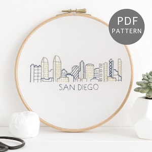 Motif de broderie à la main sur la ligne d'horizon de San Diego, conception de ville moderne de Californie, téléchargement PDF
