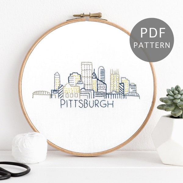 Patrón de bordado a mano del horizonte de Pittsburgh, diseño de la ciudad de Pensilvania, descarga PDF