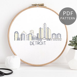 Detroit Skyline Hand Embroidery Pattern PDF Download, Michigan City Design