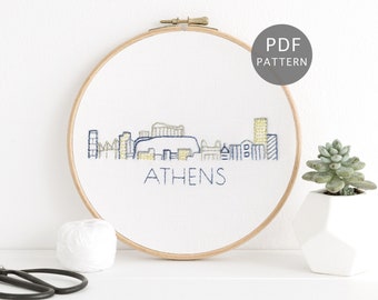 Athens City Skyline Hand Borduurpatroon, Griekenland Capitol Stedelijk PDF-ontwerp, eenvoudig cadeau