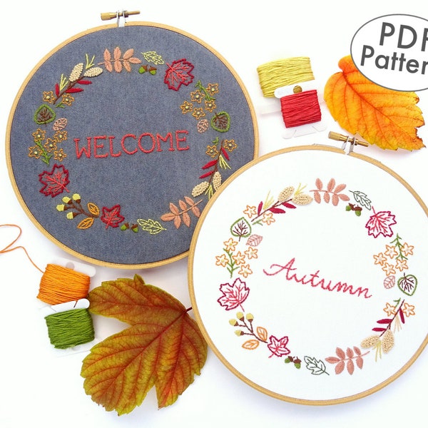Autumn Wreath Hand Embroidery Pattern PDF Digital Download,  Fall DIY Design