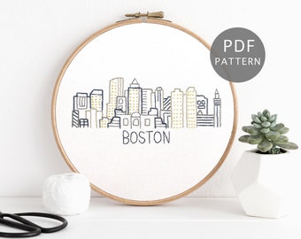 Boston Skyline Hand Embroidery Pattern, Massachusetts City Design, Modern Urban PDF Download