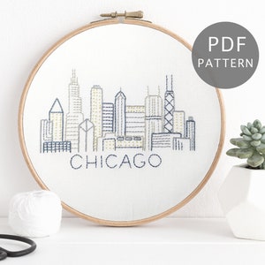 Chicago Hand Embroidery Pattern, Illinois City Skyline Design, PDF Download
