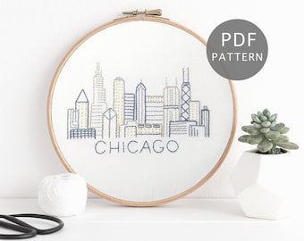 Chicago Hand Embroidery Pattern, Illinois City Skyline Design, PDF Download