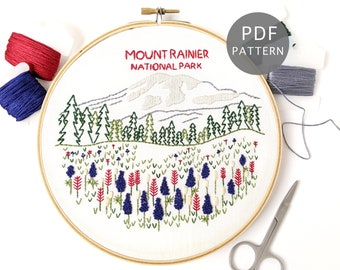 Mount Rainier National Park Hand Embroidery Pattern,  Washington State Wall Art PDF Download