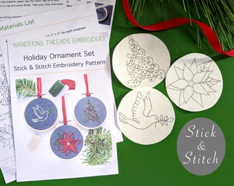 Kerst stick en steek borduurwerk patroon set - rode poinsettia, vredesduif, en vakantieboom DIY ontwerpen