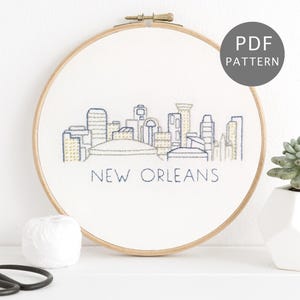 ニューオーリンズ市のスカイラインの手刺繍パターン、アーバンデジタルダウンロード、ルイジアナDIYギフト
