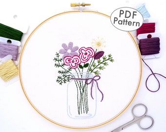 Wildflower Mason Jar Bouquet Hand Embroidery Pattern