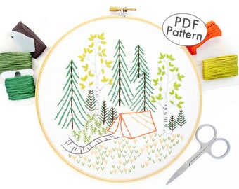 Camping Hand Embroidery Pattern, Summer Forest PDF Download, Tent Design