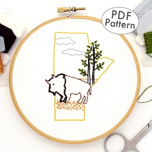 Manitoba Hand Embroidery Pattern with Bison, Canada Province PDF Download Design