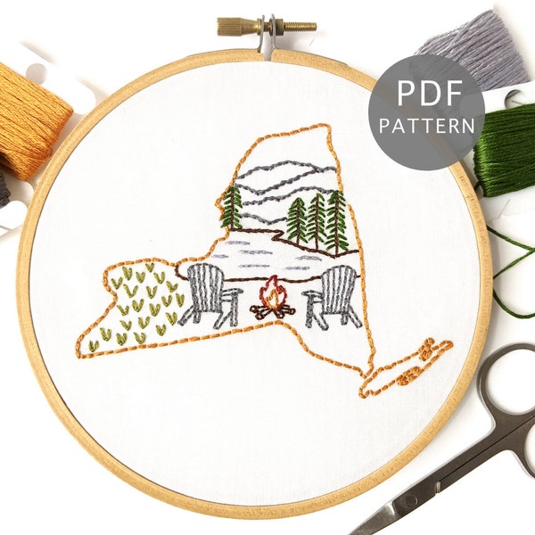 New York Hand Embroidery Pattern with Adirondack Chairs, Campfire, Forest & Mountains