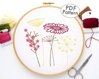 Wildblumen Handstickmuster PDF Digital Download, Sommer Blumen Design für Anfänger