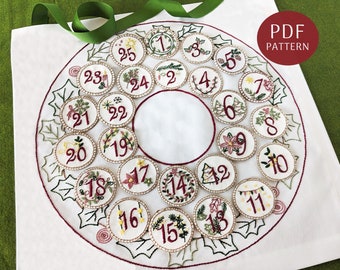 Advent Wreath Embroidery Pattern, DIY Stitch-A-Day Christmas Calendar Design, PDF Download with Removable Number Patches, Holiday Gift