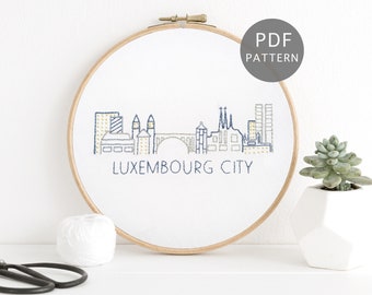 Luxemburg City Skyline Handborduurpatroon, Stedelijk PDF-ontwerp, DIY-cadeau