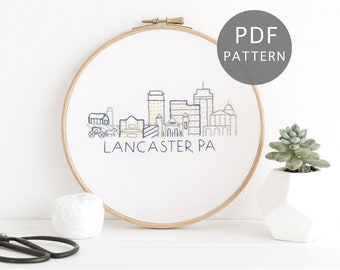 Lancaster Skyline Hand Embroidery Pattern, Pennsylvania DIY City Design with Building Silhouettes and Horse & Buggy