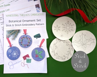Holly, Wreath, and Snowflakes Stick & Stitch Embroidery Patterns, DIY Christmas Ornament Decor and Gift