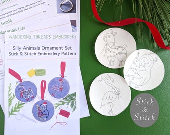 Llama, Flamingo, & Penguin Stick and Stitch Hand Embroidery Patterns, DIY Christmas Ornament Designs, Simple Holiday Gift