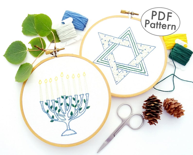 Menorah & Star of David Hand Embroidery Patterns, PDF Digital Download Hanukkah Gift image 1