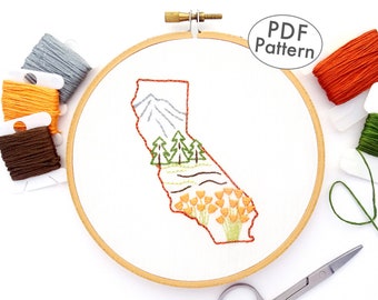 Patrón de bordado a mano de California, descarga digital, diseño de amapolas y montañas