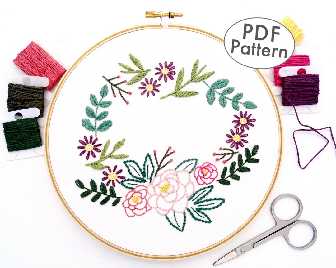 Flower Wreath Hand Embroidery Pattern Digital Download With Peony ...