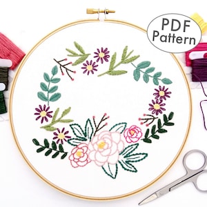 Flower Wreath Hand Embroidery Pattern Digital Download with Peony & Daisy Design
