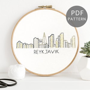 Reykjavik City Skyline Hand Embroidery Pattern, Iceland Urban PDF Design