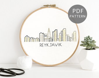 Island Urban Stickdatei Reykjavik City Skyline Hand Stickmuster